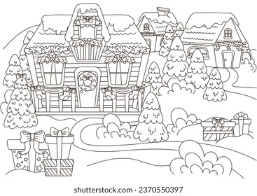 Christmas village coloring page for kids and adults with gifts and christmas tree and wreath, new year themed outline art for postcard design, winter holiday printable activity