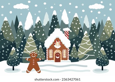 Escena del bosque de la villa navideña con paisaje nevado y la cabaña de Santa, Ilustración vectorial navideña, noche de invierno con casa nevada, árbol de Navidad, diseño de tarjetas de vacaciones festivas