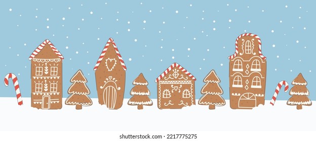 Christmas village of gingerbread houses and christmas trees in hand drawn style.New year and christmas concept for cards and banners