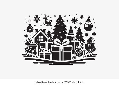 Christmas Village House Silhouette Vector isolated on a white background