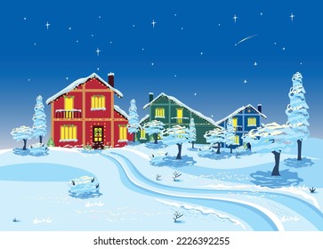 Christmas village with houses in the snow and a country road. Winter night background. Merry Christmas. Vector illustration.