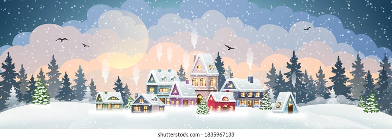 Christmas village houses with winter pine forest. Christmas holidays vector illustration