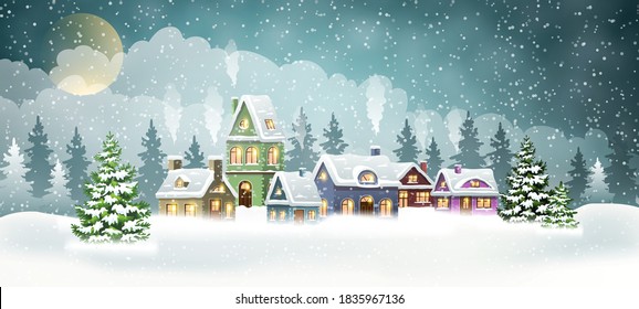 Christmas village houses with winter pine forest. Christmas holidays vector illustration