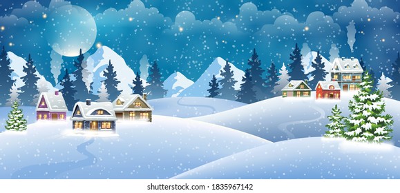 Christmas village houses with winter pine forest and mountains. Christmas holidays vector illustration