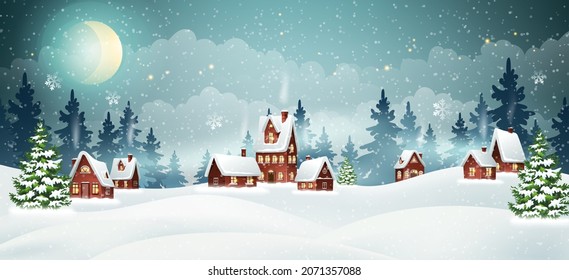 Christmas village houses with winter pine forest. Christmas holidays vector illustration