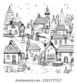 Christmas village illustration for your design. Small houses illustration