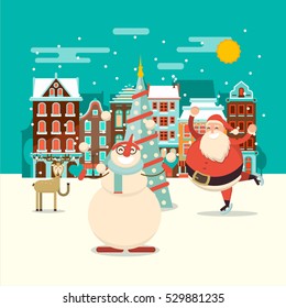 Christmas village joy scene with cartoon santa claus, snowman and reindeer. Vector xmas holiday greeting card layout design. Celebration background with belgium or dutch houses.