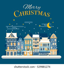 Christmas village joy scene with cartoon santa claus, snowman and reindeer. Vector xmas holiday greeting card layout design. Celebration background with belgium or dutch houses.