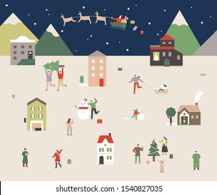 Christmas village landscape. Santa is flying in the sky in a Rudolph reindeer sleigh. Villagers are happy in gathering in the square. flat design style minimal vector illustration.