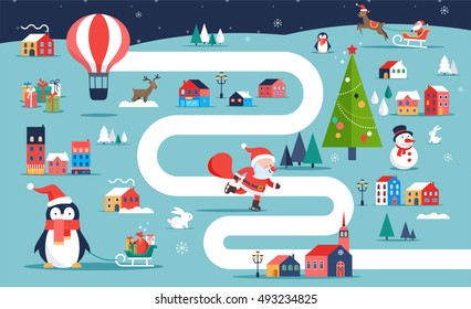 Christmas village map, winter town, board game with illustrations, icons and characters. Merry Christmas background