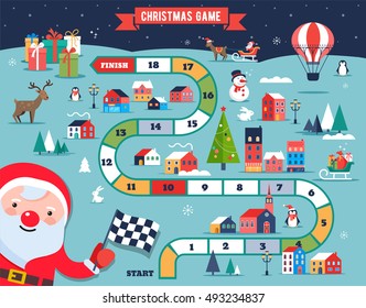 Christmas village map, winter town, board game with illustrations, icons and characters. Merry Christmas background