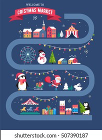 Christmas village map, winter town, Christmas market, Xmas fair, Christmas poster. Merry Christmas background