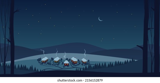 Christmas village at night vector illustration. Cartoon cold snowy winter scene with trees, houses and cottages with magic lights in windows, pathways under blue sky background. Countryside concept