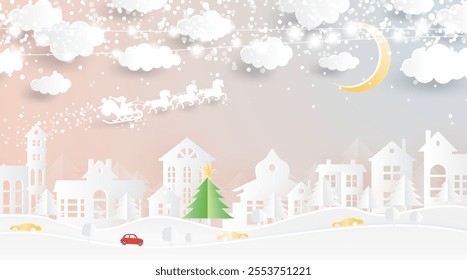 Christmas Village in Paper Cut Style. Winter Landscape with Moon and Clouds. Vector Illustration. Merry Christmas and Happy New Year.