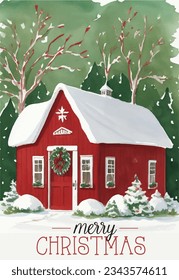 Christmas Village Red House, Snowy Village with Merry Christmas -Christmas Vector Illustration