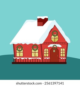 Christmas Village Red House, Snowy Village with Merry Christmas -Christmas Vector Illustration.