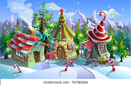 Christmas village of Santa Claus. Fairy houses of elves. Vector illustration.