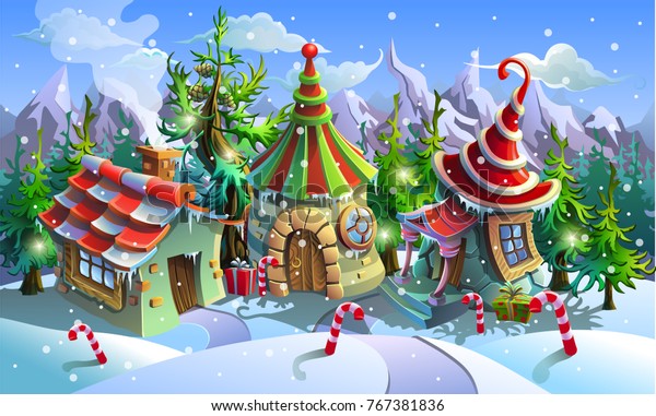 サンタクロースのクリスマス村 妖精の家 ベクターイラスト のベクター画像素材 ロイヤリティフリー