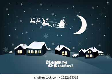 Christmas village. Santa Claus in a sleigh rides on deer. Snow background. Vector illustration