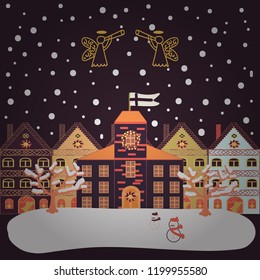 Christmas village of Santa Claus. Vector illustration. Panorama. Fairy houses on purple, white and brown colors.