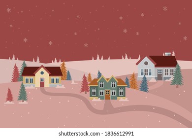 Christmas village with scenery winter landscape, Cute christmas town with flat style
