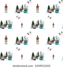 Christmas Village Seamless Pattern, Village and angels pattern 