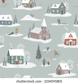 Christmas village seamless pattern. This small village has cute houses decorated for the holidays, and children are playing winter activities. Can be used for wrapping paper, home decor, stationery.