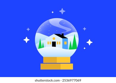 Christmas village in a snow globe with Christmas house, trees. vector illustration.