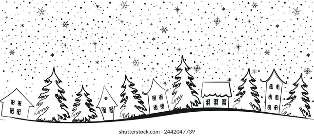Christmas village. Winter background. Seamless border. Fairy tale winter landscape. Black silhouettes of houses, fir trees, snowflakes on white background. Vector illustration