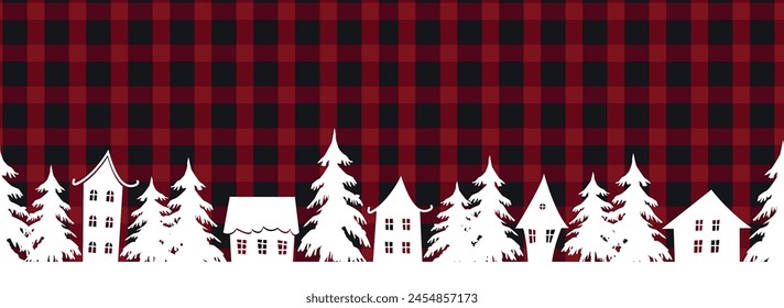 Christmas village. Winter background. Seamless border. Fairy tale winter landscape. White houses, fir trees on red and black checkered background. Winter classic Buffalo Plaid bg. Vector illustration