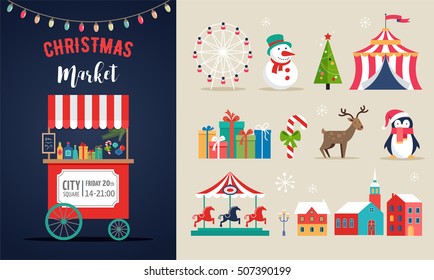 Christmas village, winter town, Christmas market, Xmas fair, Christmas poster. Merry Christmas background and icons set