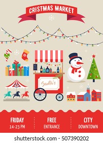 Christmas Village, Winter Town, Christmas Market, Xmas Fair, Christmas Poster. Merry Christmas Background