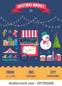 Christmas village, winter town, Christmas market, Xmas fair, Christmas poster. Merry Christmas background