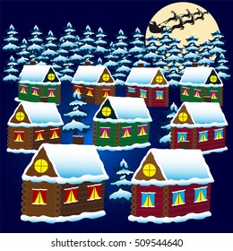 Christmas village.Silhouette of Santa's reindeer in the moonlight.