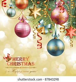 Christmas vintage background with baubles and christmas tree. Check my portfolio for raster version.