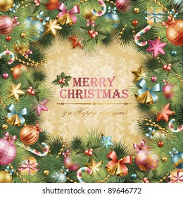 Christmas vintage background with baubles and christmas tree. Vector frame with green fir.