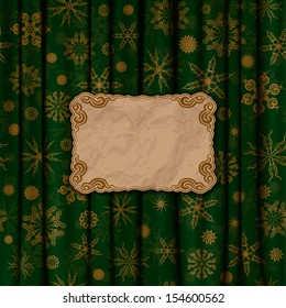 Christmas vintage background with crumpled paper frame. Gold snowflakes on a green background. Vector illustration EPS 10.