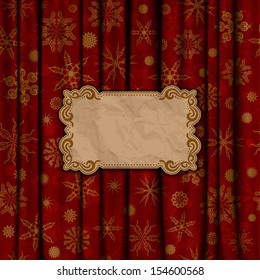 Christmas vintage background with crumpled paper frame. Gold snowflakes on a red background. Vector illustration EPS 10.