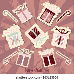 Christmas vintage background with decorative gift boxes in pastel colors, vector illustration