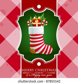 Christmas vintage background with gifts in sock.