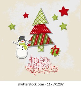 Christmas vintage background with scrapbooking elements: fur, gift and snowman. New Year template