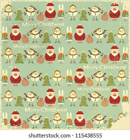 Christmas Vintage background. Signs of Christmas: Santa Claus, snowman, white rabbit and Christmas tree on retro blue background. Vector illustration.