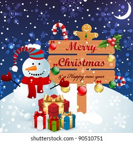 Christmas vintage background with snowman, wood banner and other elements.