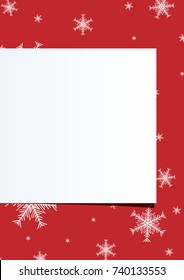 Christmas vintage background of standard size. Red backdrop with a pattern. Banner with white background for text. Template for the poster. Texture with snowflakes. Square shape for the announcement.
