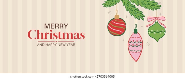 Navidades de fondo vintage con decoraciones de árboles. Diseño retro para la tarjeta, invitación, Anuncio. Ilustración de Navidad de Vector.
