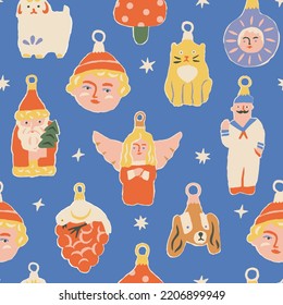 Christmas vintage baubles seamless pattern in vector. Santa Claus, angels, birds and animals retro ornament for Christmas and New year celebration.