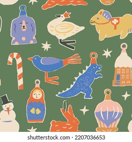 Christmas vintage baubles seamless pattern in vector. Dinosaurs, snowmen, birds and horse retro ornament for Christmas and New year celebration.