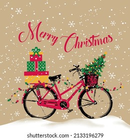 Christmas vintage Bicycle pattern with christmas tree, gifts with bulbs -Christmas vector design
