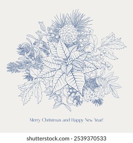 Christmas Vintage botanical illustration with fir twigs, holly mistletoe, poinsettia, pinecone. Blue beige. Hand drawn linear elements. Toile Vector background for design holiday decor, poster, card