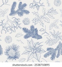 Christmas Vintage botanical seamless pattern with fir twigs holly mistletoe poinsettia, pinecone. Toile Blue beige. Hand drawn linear elements Vector background for design package paper new year decor